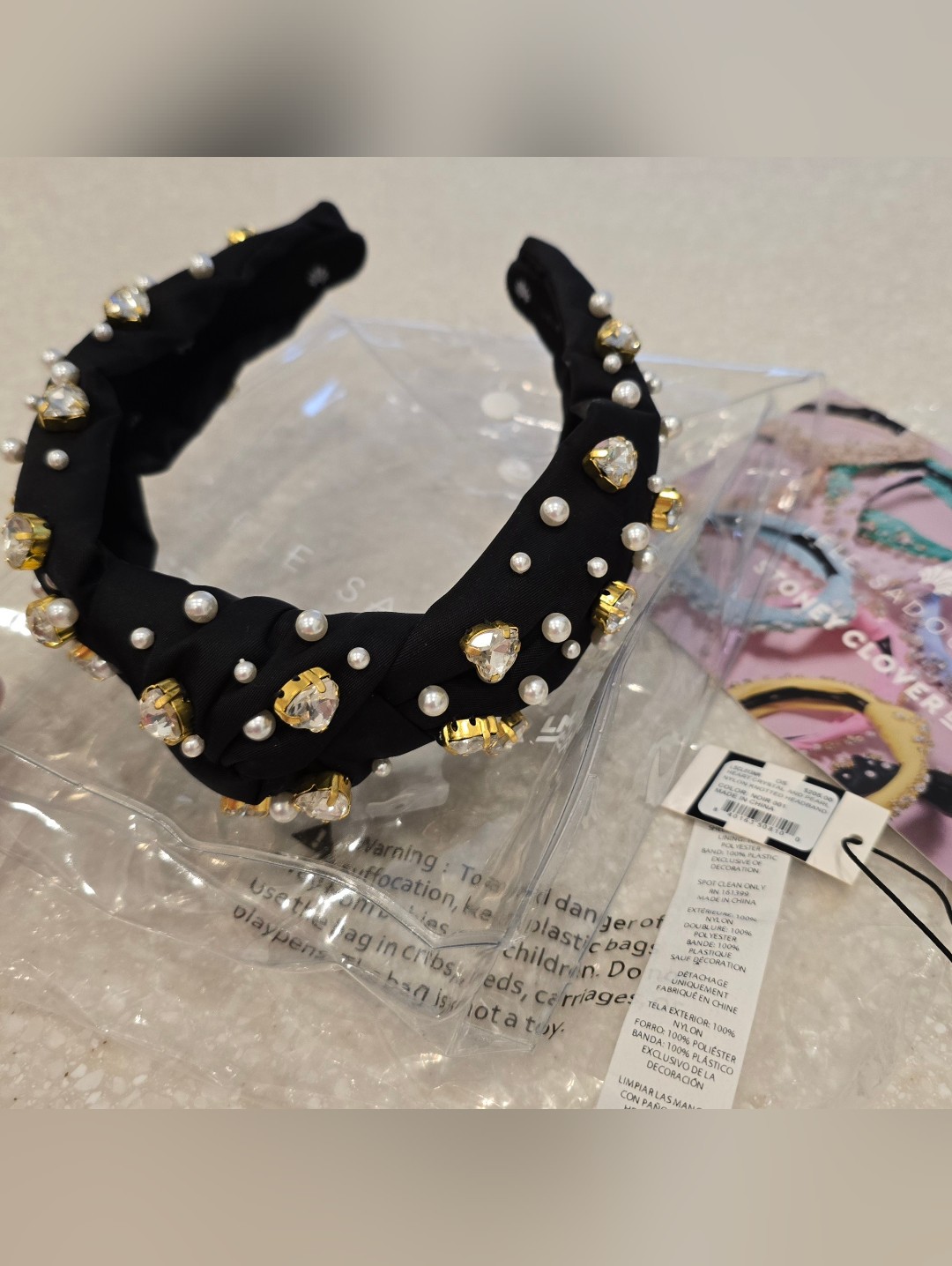 Lele Sadoughi X Stoney Clover Lane Noir Heart Crystal & Pearl Headband Scl